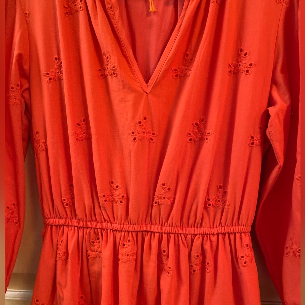 (K228) NWOT Knox Rose 3/4 Sleeve Red-Orange Sz XS Eyelet Dress Scalloped Hemline - Picture 5 of 12